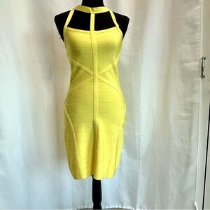 Bebe Yellow Cut Out Halter Bandage Bodycon Mini Cocktail Dress Sz M